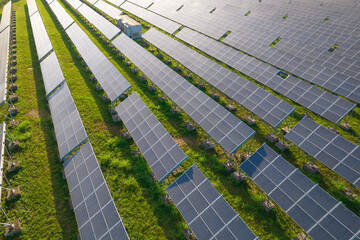 Aerial photograph of a field of solar panels