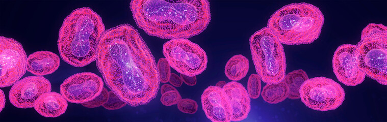 Pox, Mpox (monkey pox) virus flow with DNA inside. 3d visualization, glowing, neon light on dark background - obrazy, fototapety, plakaty