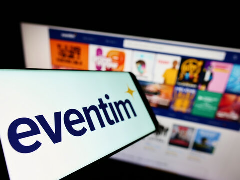 Stuttgart, Germany - 05-21-2022: Cellphone with logo of German ticketing company CTS Eventim AG Co. KGaA on screen in front of business website. Focus on left of phone display.