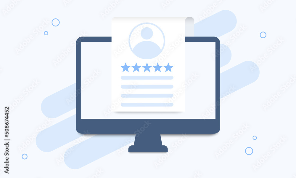 Poster computer with a list of customer reviews in a flat design. template for customer review, testimony, 