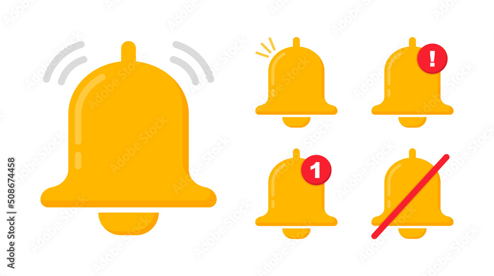 Poster notification bell icon set. message bell icon. new notification, reminder. bell for subscribe, alarm