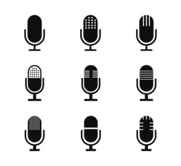 Microphone icon set. Voice, podcast and recording icon. Black music symbol for web design and mobile app. Vector illustration.