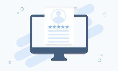 Computer with a list of customer reviews in a flat design. Template for customer review, testimony, feedback or notification. Vector