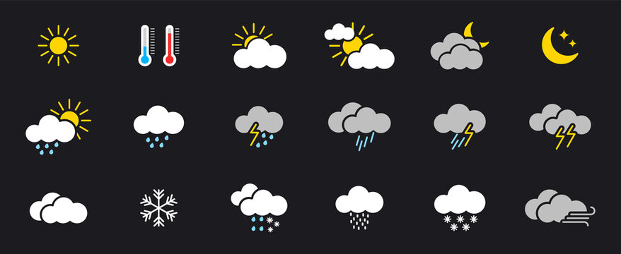 Weather icon set. Meteorology icons in flat style. Weather icon such as sun, clouds, moon, storm, rain, lightning and wind. Vector illustration.