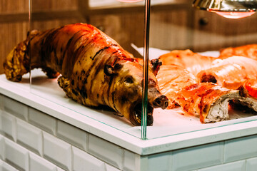 Close up of grilled pig head on display, Lisbon, Portugal
