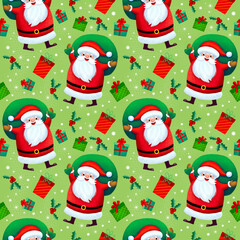 seamless christmas pattern template with cartoon style santa claus, gifts and greeting lettering. for wrapping paper, textiles, themed decor