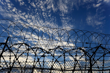 Сontour of barbed wire on background beautiful clouds and sky