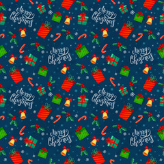 seamless christmas pattern template with cartoon style gifts and greeting lettering. for wrapping paper, textiles, themed decor