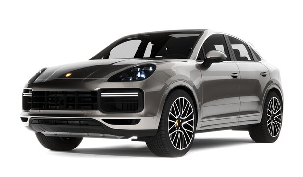 Almaty, Kazakhstan - June 26, 2022: Porsche Cayenne Turbo brand new luxury SUV car isolated on the white background. 3d render