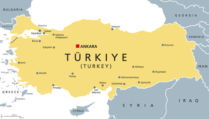 Obraz premium Türkiye, Turkey political map with capital Ankara. Republic of Türkiye. The UN agreed to the request, that they use the name Türkiye instead of Turkey, for a better representing of the Turkish nation.