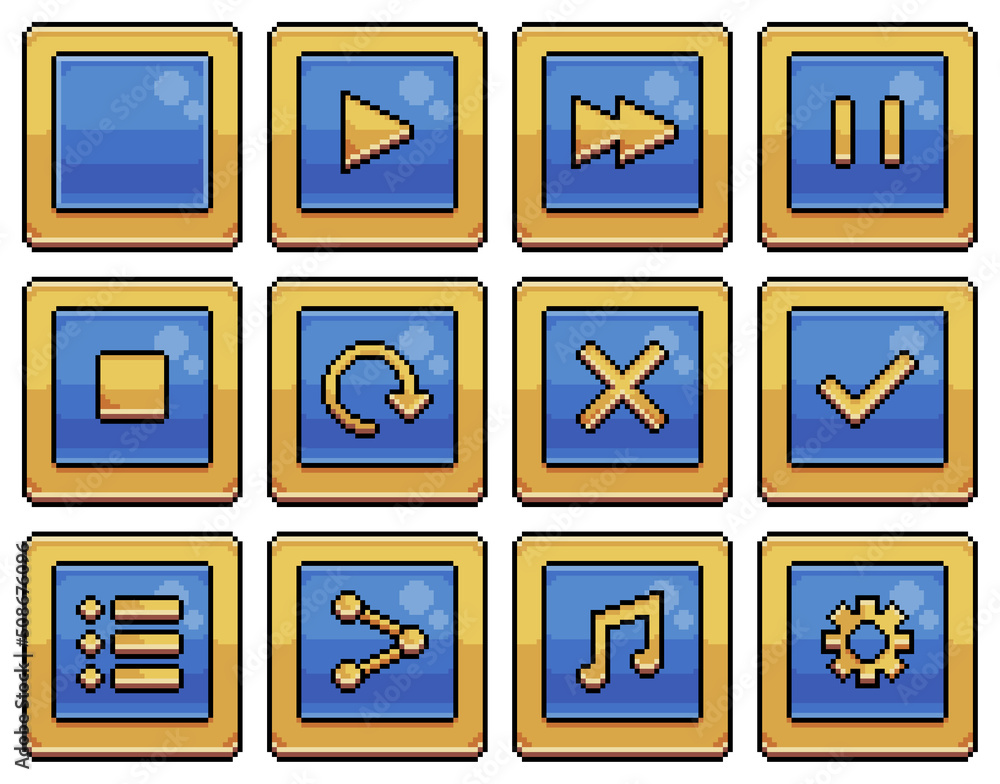 Poster pixel art blue square buttons for game interface and apps vector icon for 8bit game on white backgro