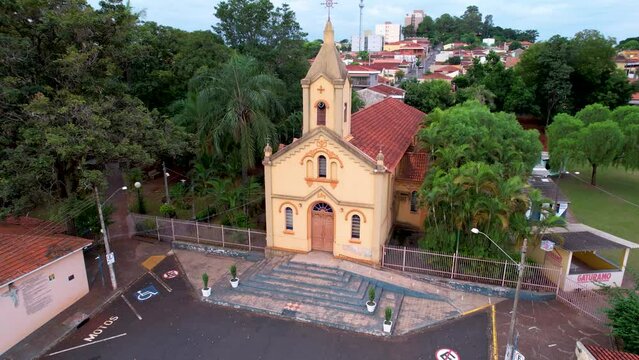 Bonfim Paulista, São Paulo, Brazil - Circa May 2022: Senhor Bom Jesus Bonfim Parish, Bonfim Paulista, State of São Paulo. drone aerial image