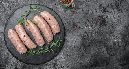 Close up Raw sausages with herbs and spices. Ketogenic diet. top view