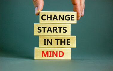 Change starts in the mind symbol. Concept words Change starts in the mind on wooden blocks on a...