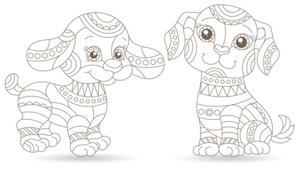 Set of stained glass contour elements with dogs , isolated outline images on white background