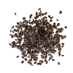 coffee beans scattered on the white background.