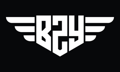BZY three letter logo, creative wings shape logo design vector template. letter mark, wordmark, monogram symbol on black & white.