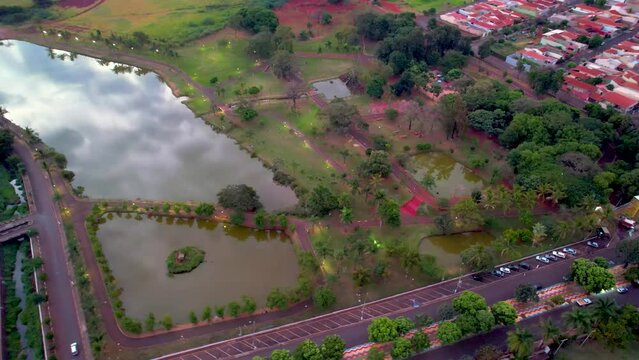 Cravinhos, S&atilde;o Paulo, Brazil - Circa May 2022: Parque Ecol&oacute;gico Dr. Armando and Renato Pagano, Cravinhos, state of S&atilde;o Paulo. drone aerial image