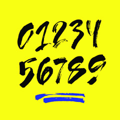 set of calligraphic acrylic or ink numbers. ABC for your design, brush lettering on a yellow background