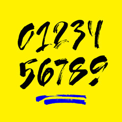 set of calligraphic acrylic or ink numbers. ABC for your design, brush lettering on a yellow background