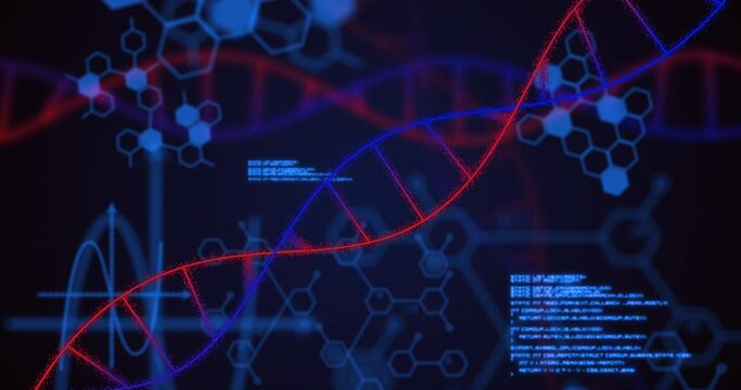 Animation of dna strand and data processing on black background