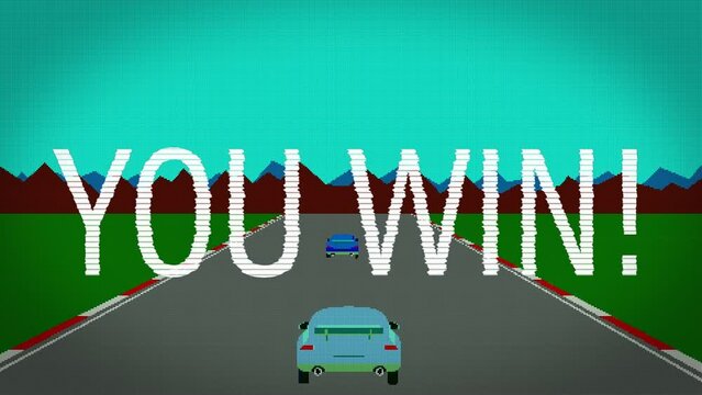 Animation of you win text over screen with car race game in background