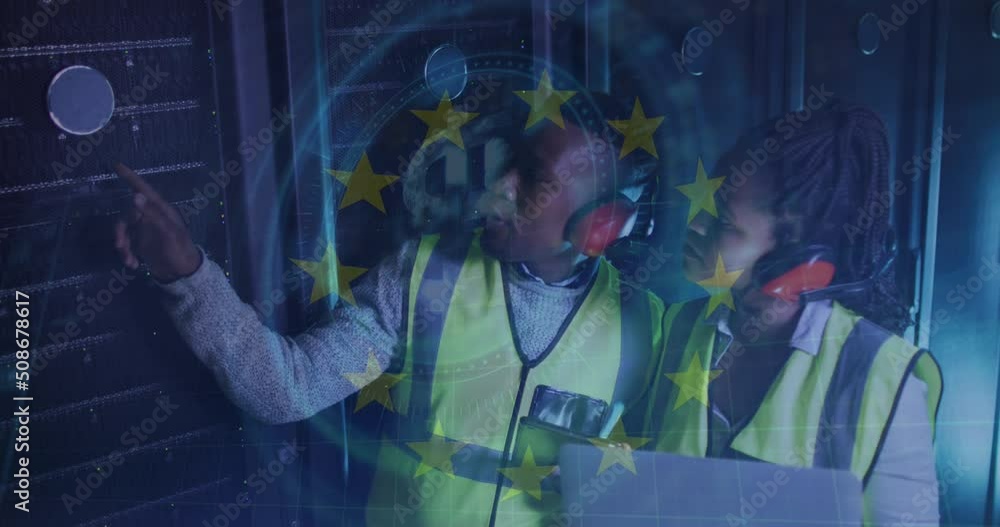 Poster animation of european stars and data processing over diverse it engineers by computer servers