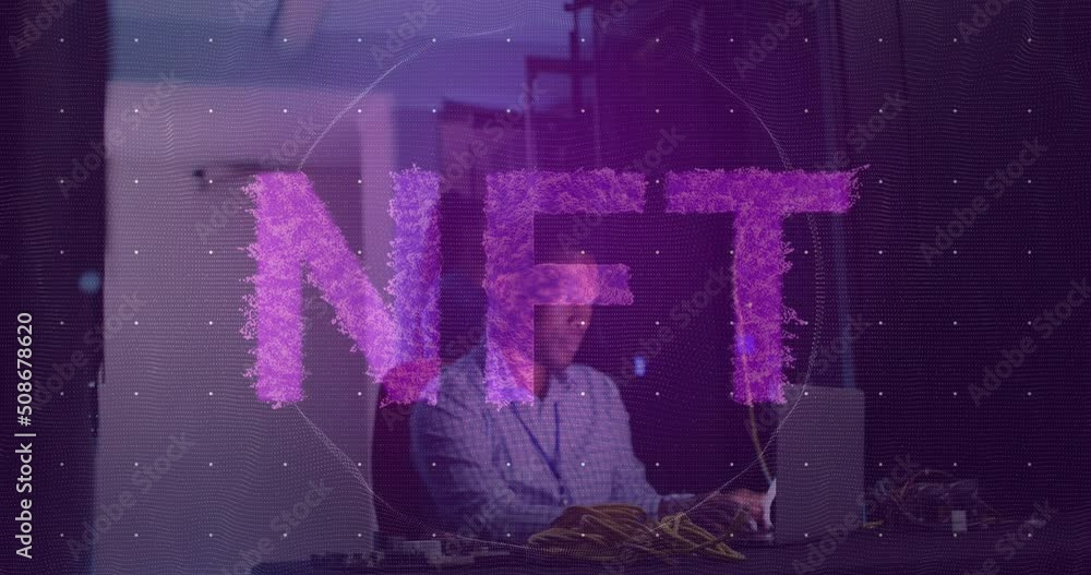 Poster animation of nft text and data processing over african american male it engineer by computer servers