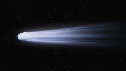 Comet glows in space against the background of stars. Bright comet tail. Nucleus of the meteorite evaporates from the action of sunlight.