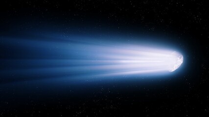 Comet glows in space against the background of stars. Bright comet tail. Nucleus of the meteorite evaporates from the action of sunlight.