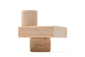 Stack wood cube platform podium on white light copy spase background. Minimal empty display product presentation scene.