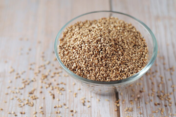 Sesame seeds in a small glass bowl