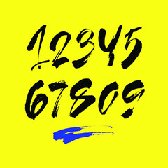 set of calligraphic acrylic or ink numbers. ABC for your design, brush lettering on a yellow background