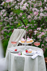 Table set on a white tablecloth on a sunny day, cherry blossom, cupcake, wine. Outdoor, picnic, brunch, spring mood. Soft focus