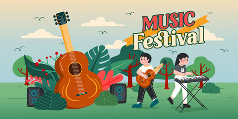 Music Festival In Garden, Vector, Illustration