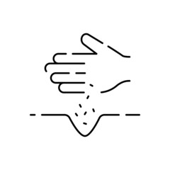 Farm and Agriculture Line Icons. Global farming and farmers. Plantation or Gardening Objects. Village. Field and seed with hand