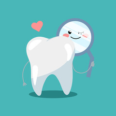 Colored illustration about health and tooth care. Cartoon tooth character looking in dental mirror.