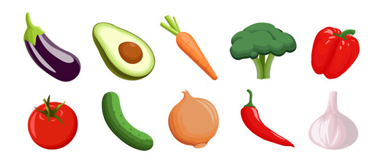 Set of vegetables flat vector illustration. Vegetable food collection. Avocado, eggplant, cucumber, tomato.