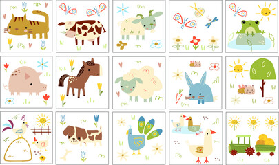 agriculture animals vector set for educational kids cards. illustrations cat, cow, tractor, frog, dog, horse, rabbit, sheep, goat, pig, peacock, rooster, insects in hand draw style