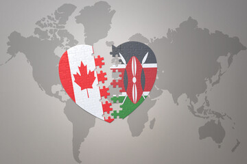 puzzle heart with the national flag of canada and kenya on a world map background.Concept.