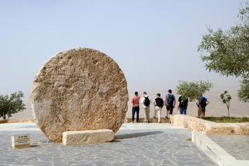 Abu Bado, circular stone on Mount Nebo, use as a door in monastery, Jordan
