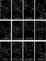 Horoscope cards with constellation stars on black watercolour backgrounds with glitter.