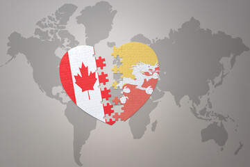 puzzle heart with the national flag of canada and bhutan on a world map background.Concept.
