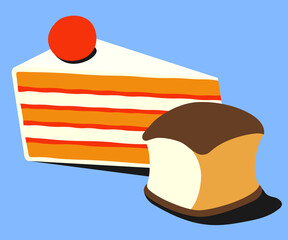 A piece of cake and a bun lie side by side.