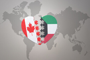 puzzle heart with the national flag of canada and kuwait on a world map background.Concept.