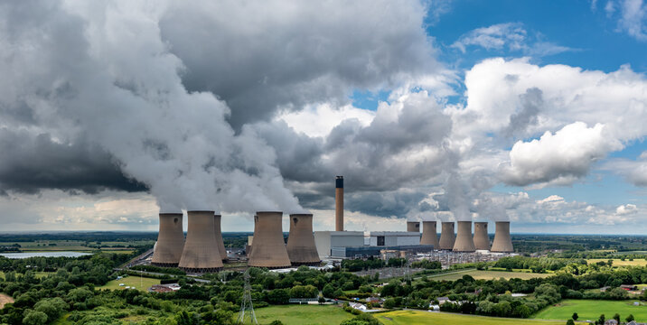 Aerial landscape view of a large Coal Fired Power Station with pollution emissions