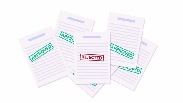 Documents animation. Approved and rejected stamp on documents. contract, agreement, loan, credit paper. Job application. 2d flat design, animated stock video. motion graphics