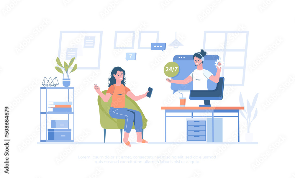 Poster virtual assistant. customer support, call center. operator consults client and answers questions. ca