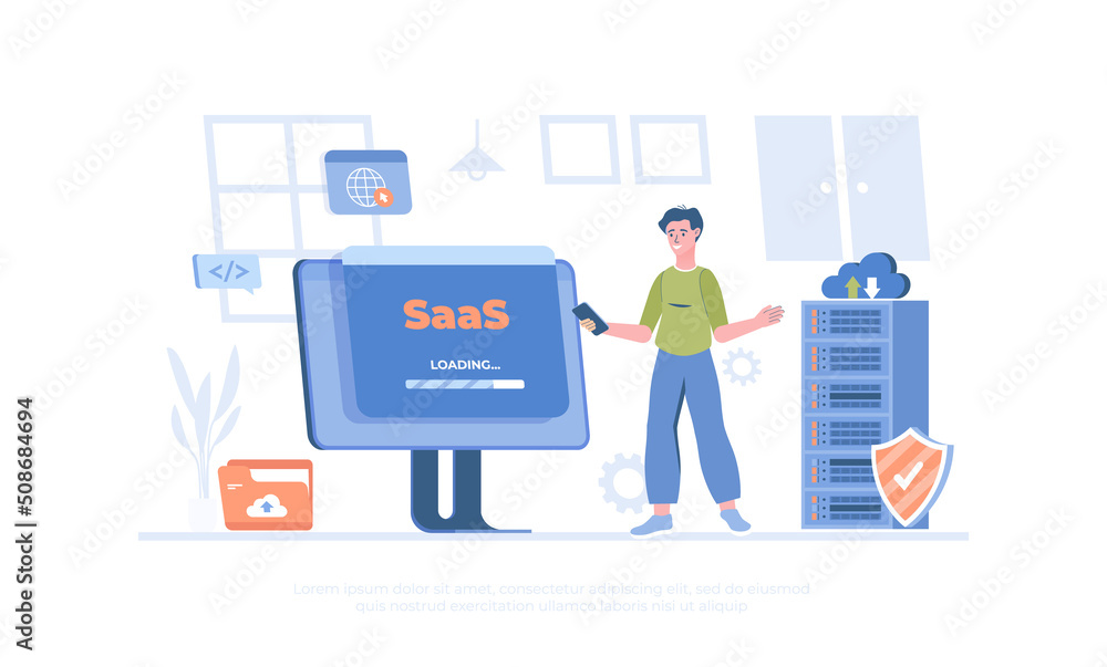 Poster saas concept, software as a service. cloud computing and storage. cartoon modern flat vector illustr