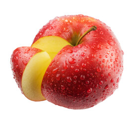 Apple isolated. Ripe red apple in water drops on a white background.